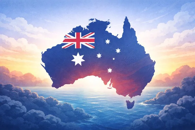 Avustralya haritası ve bayrağı ile gökyüzü ve deniz manzarası.