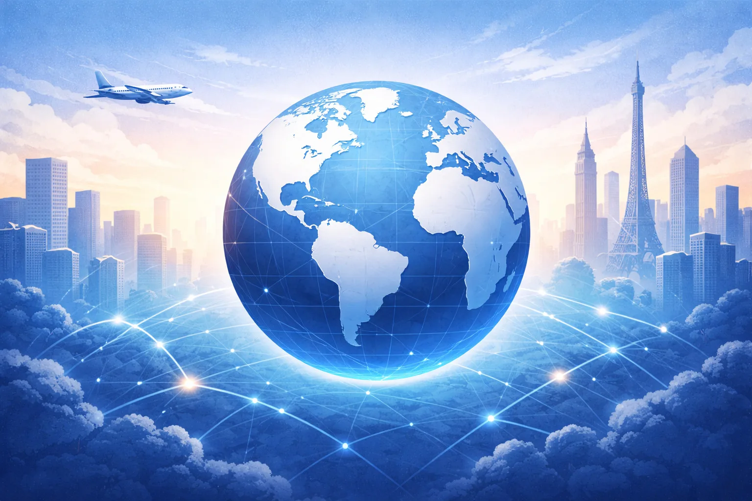 Dünya küresi ve teknolojik bağlantılar ile küresel iletişim ve haberler simgeleri.