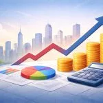 Yatırım ve finansal büyüme göstergeleri, yükselen grafik ve para sembolleriyle temsil ediliyor.