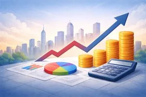 Yatırım ve finansal büyüme göstergeleri, yükselen grafik ve para sembolleriyle temsil ediliyor.