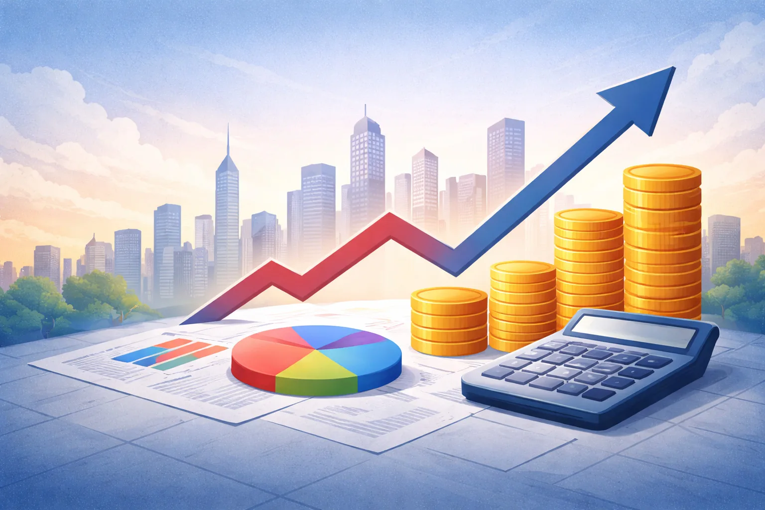 Yatırım ve finansal büyüme göstergeleri, yükselen grafik ve para sembolleriyle temsil ediliyor.