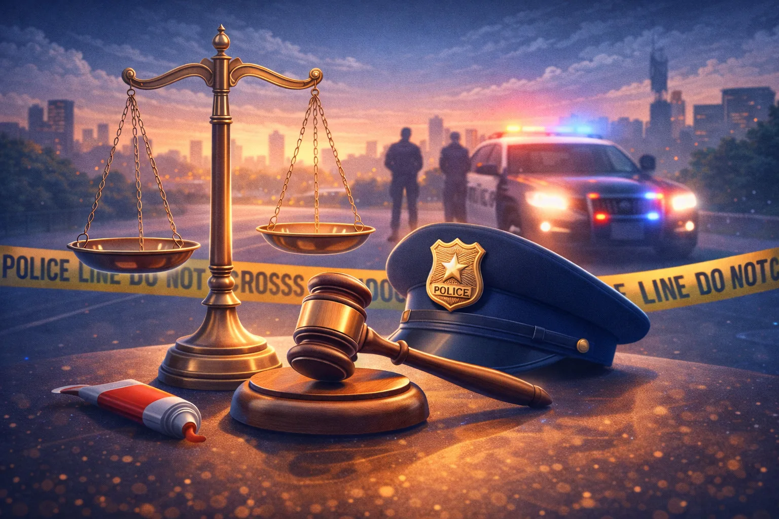 Adli sistem ve polis güçleriyle ilgili görsel, adalet ve güvenlik vurgusu içeriyor.