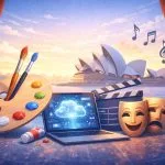 Sanat ve eğlence temalı sahnede bilgisayar, tiyatro maskeleri ve sanat malzemeleriyle Sydney Opera H.