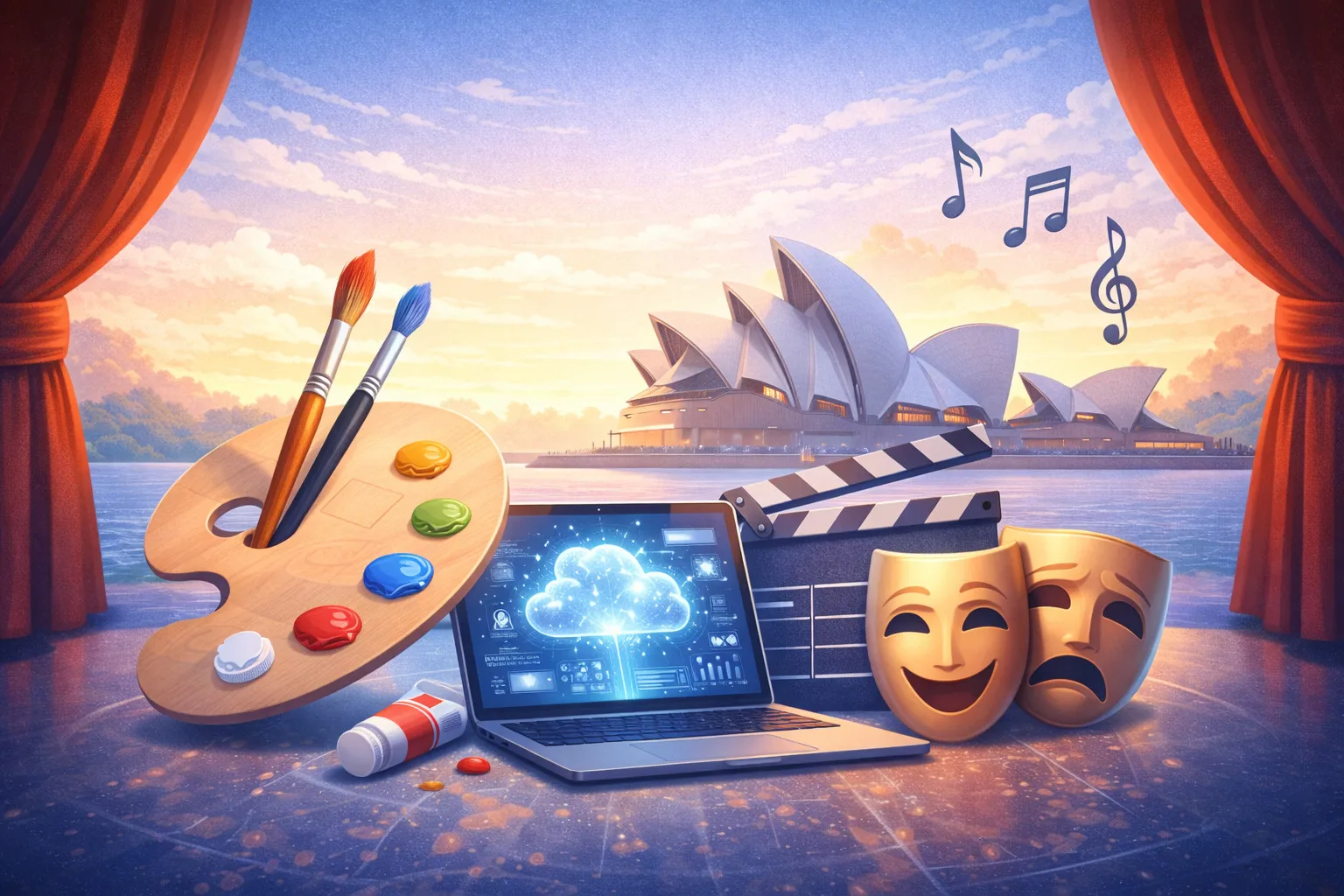 Sanat ve eğlence temalı sahnede bilgisayar, tiyatro maskeleri ve sanat malzemeleriyle Sydney Opera H.