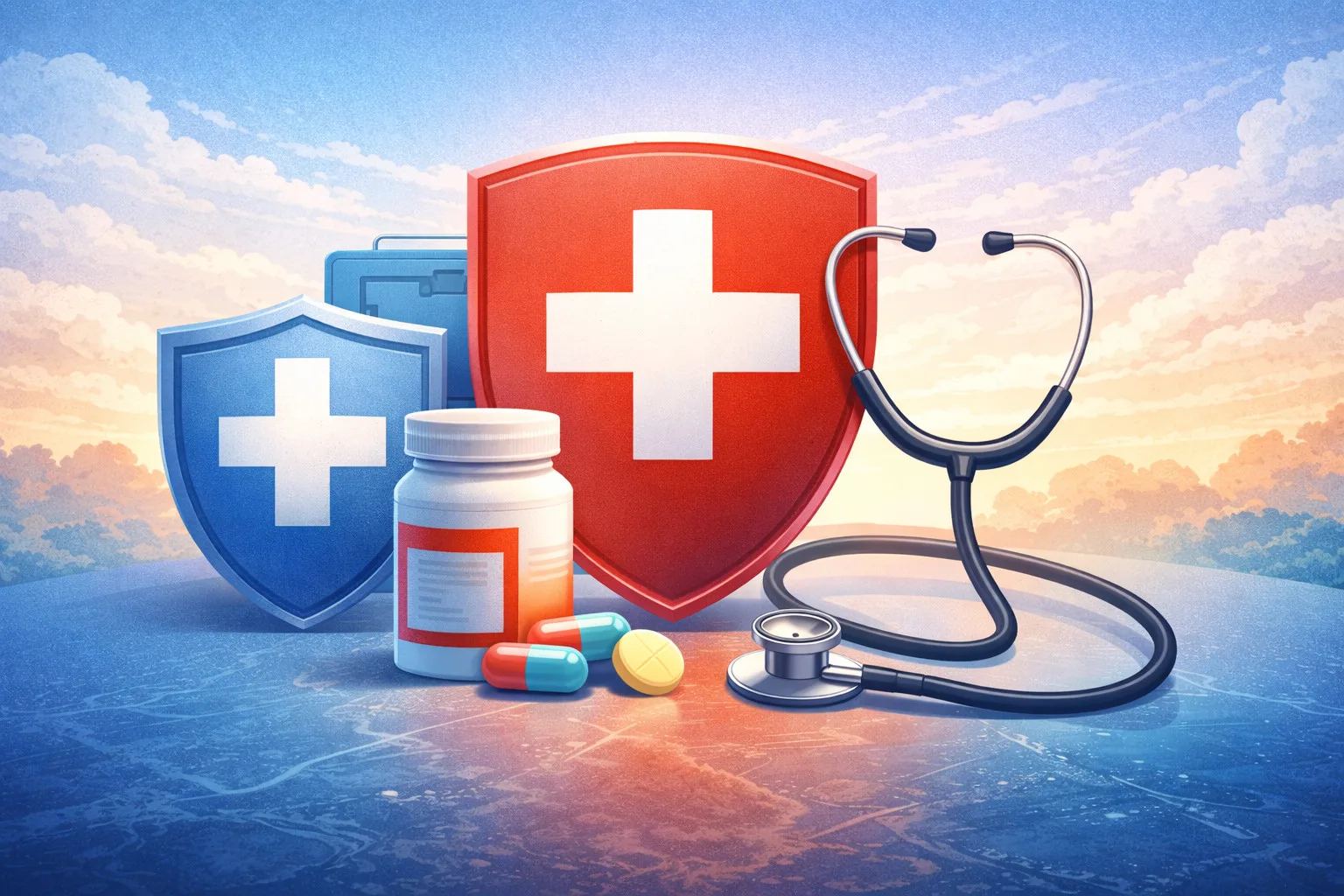 Sağlık ve güvenlik temalı simgeler, kalkanlar ve tıbbi ekipmanlar ile sağlık hizmetleri vurgulanıyor.