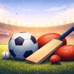 Futbol ve Amerikan futbolu topu, sopa ve saha ekipmanları, spor etkinliği için hazır.
