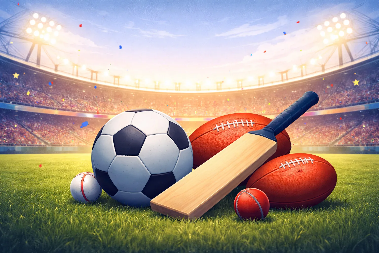 Futbol ve Amerikan futbolu topu, sopa ve saha ekipmanları, spor etkinliği için hazır.