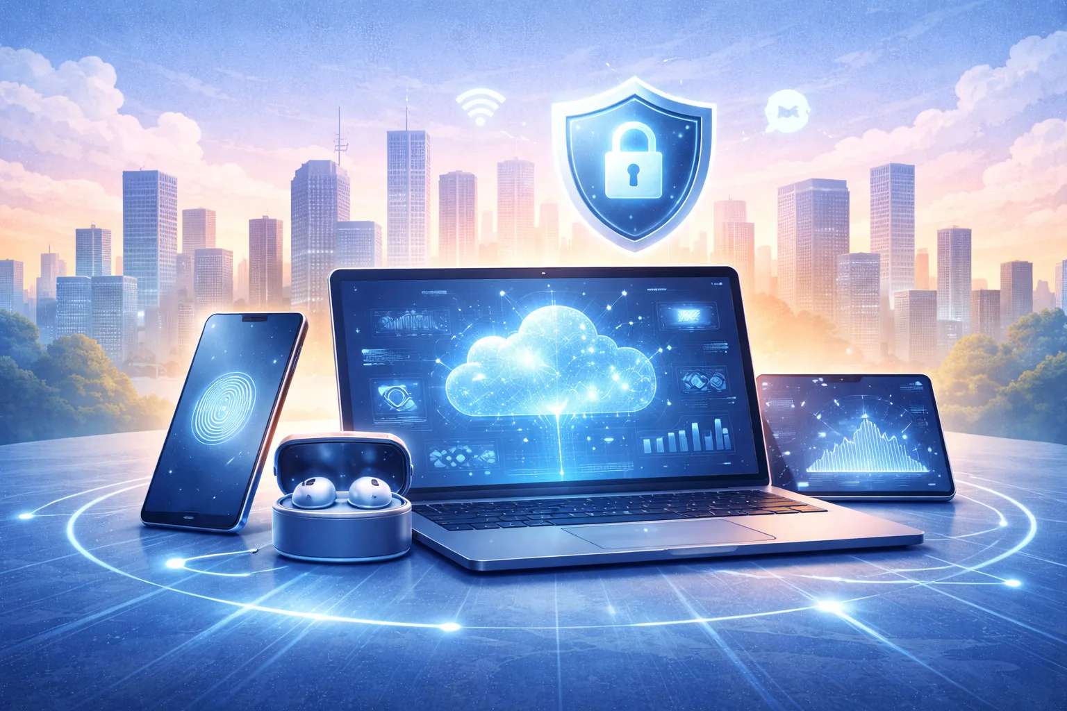 Güvenlik simgesiyle korunan bulut ve dijital cihazlar, siber güvenlik ve veri koruma vurgusu yapıyor.