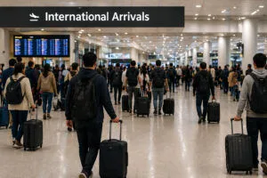 Sydney’de kızamık temas uyarısını temsil eden havalimanı yolcu yoğunluğu görseli