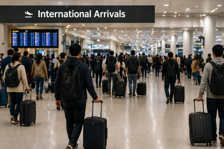 Sydney’de kızamık temas uyarısını temsil eden havalimanı yolcu yoğunluğu görseli
