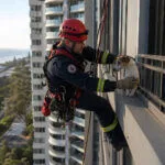 Sydney’de yüksek katlı binanın ledgesinde mahsur kalan küçük köpeğin kurtarılmasını temsil eden haber görseli