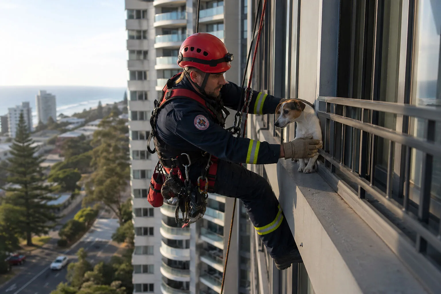 Sydney’de yüksek katlı binanın ledgesinde mahsur kalan küçük köpeğin kurtarılmasını temsil eden haber görseli
