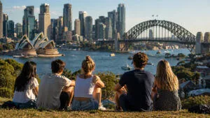 Sydney manzarasına bakan genç Avustralyalıları temsil eden haber görseli.