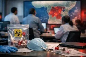 Ebola salgını için uluslararası alarm haberini anlatan temsili editoryal görsel