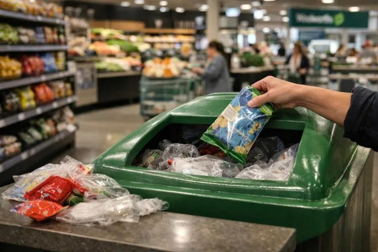 Woolworths’te yumuşak plastikler yeniden mağazalarda toplanacak haberini anlatan temsili editoryal görsel